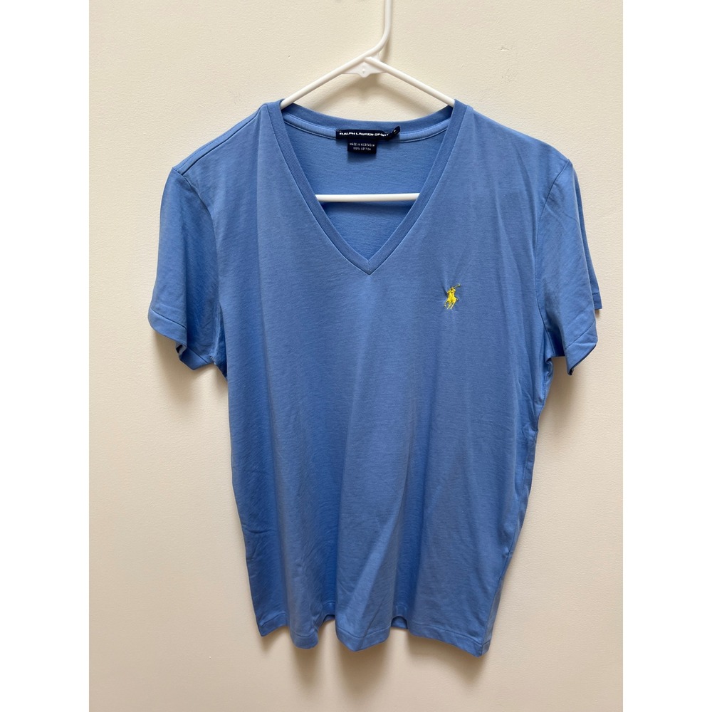 Ralph Lauren T-Shirt Women Large Light Blue V-Neck Cotton Short Sleeve Pony Logo